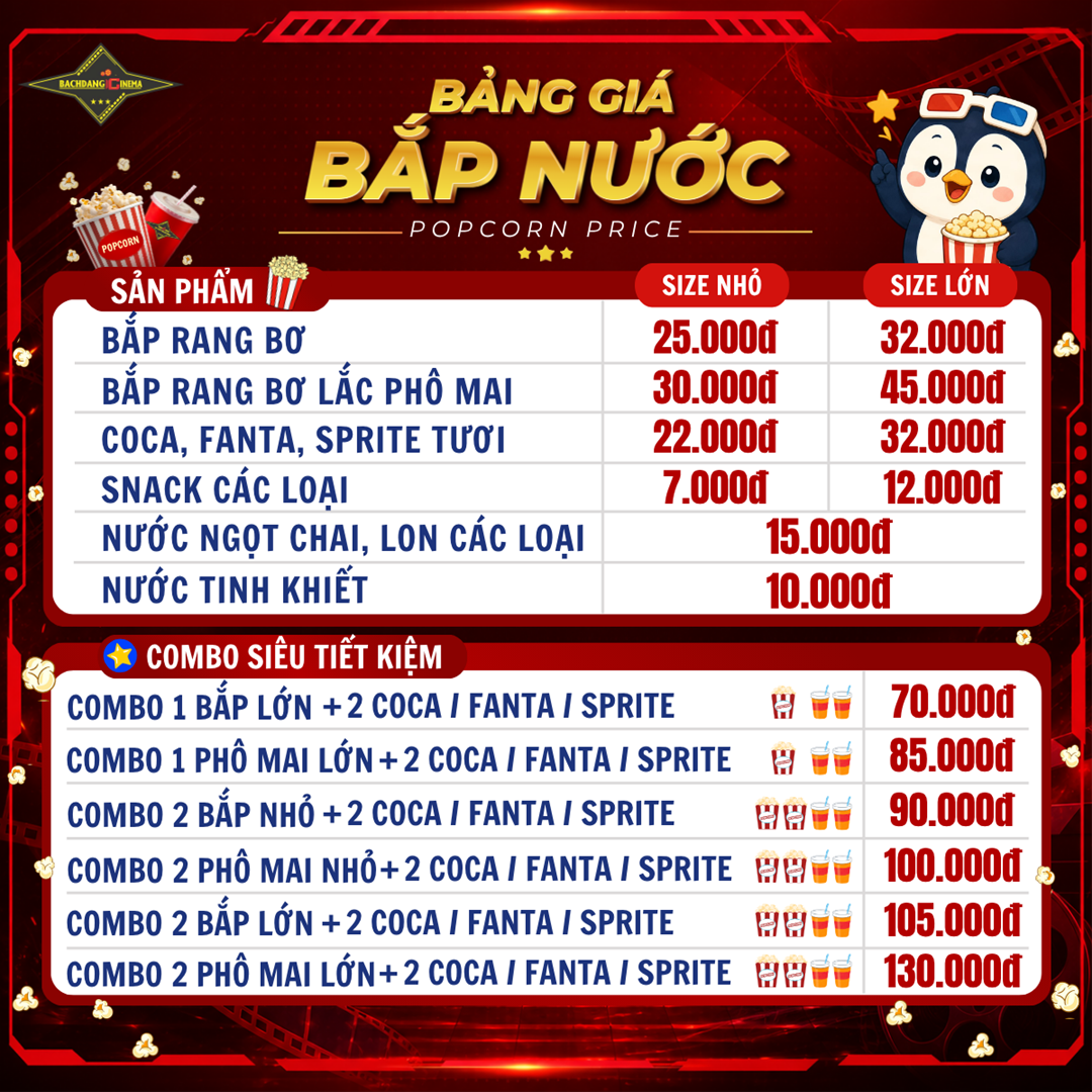 Bảng giá bắp rang và nước uống tại Bạch Đằng Cinema